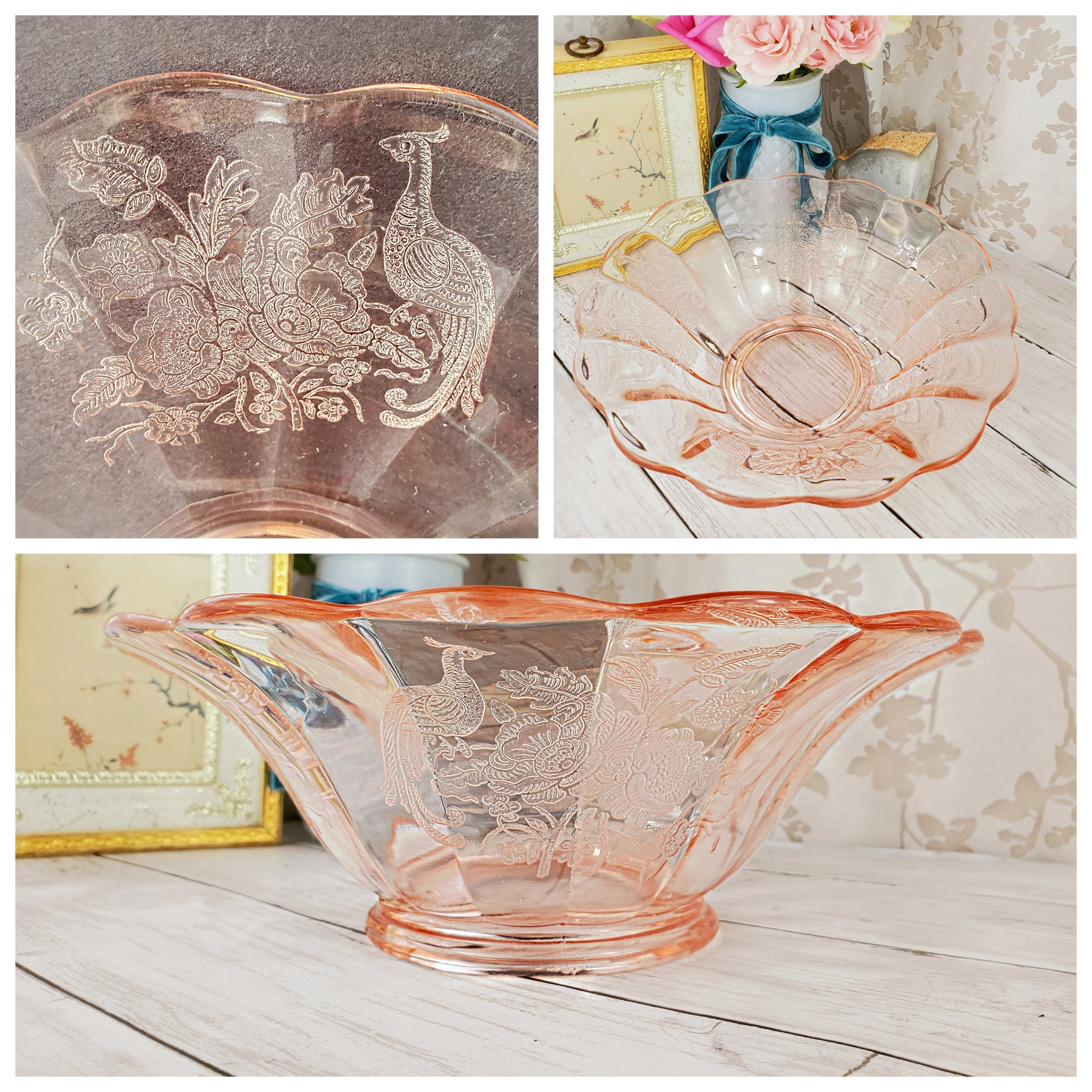 RARE! Paden City Glass Peacock and Wild Rose Pattern Pink