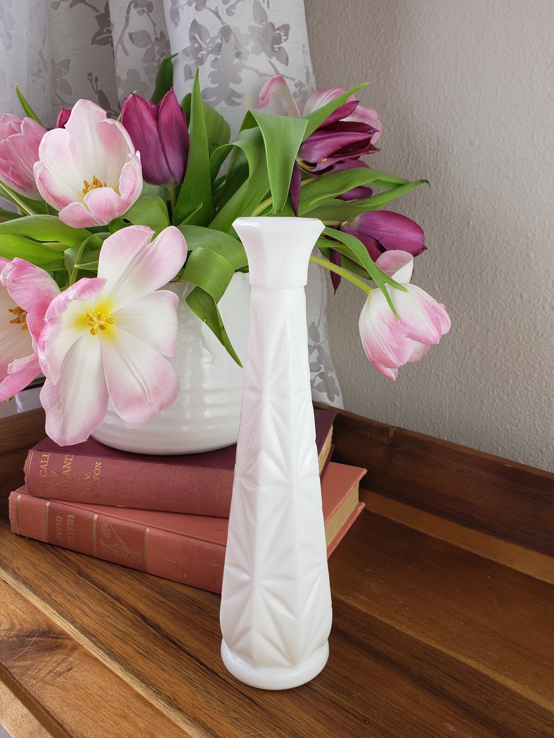 Lovely Tall Milk Glass Vase With Starburst Pattern Milkglass Etsy
