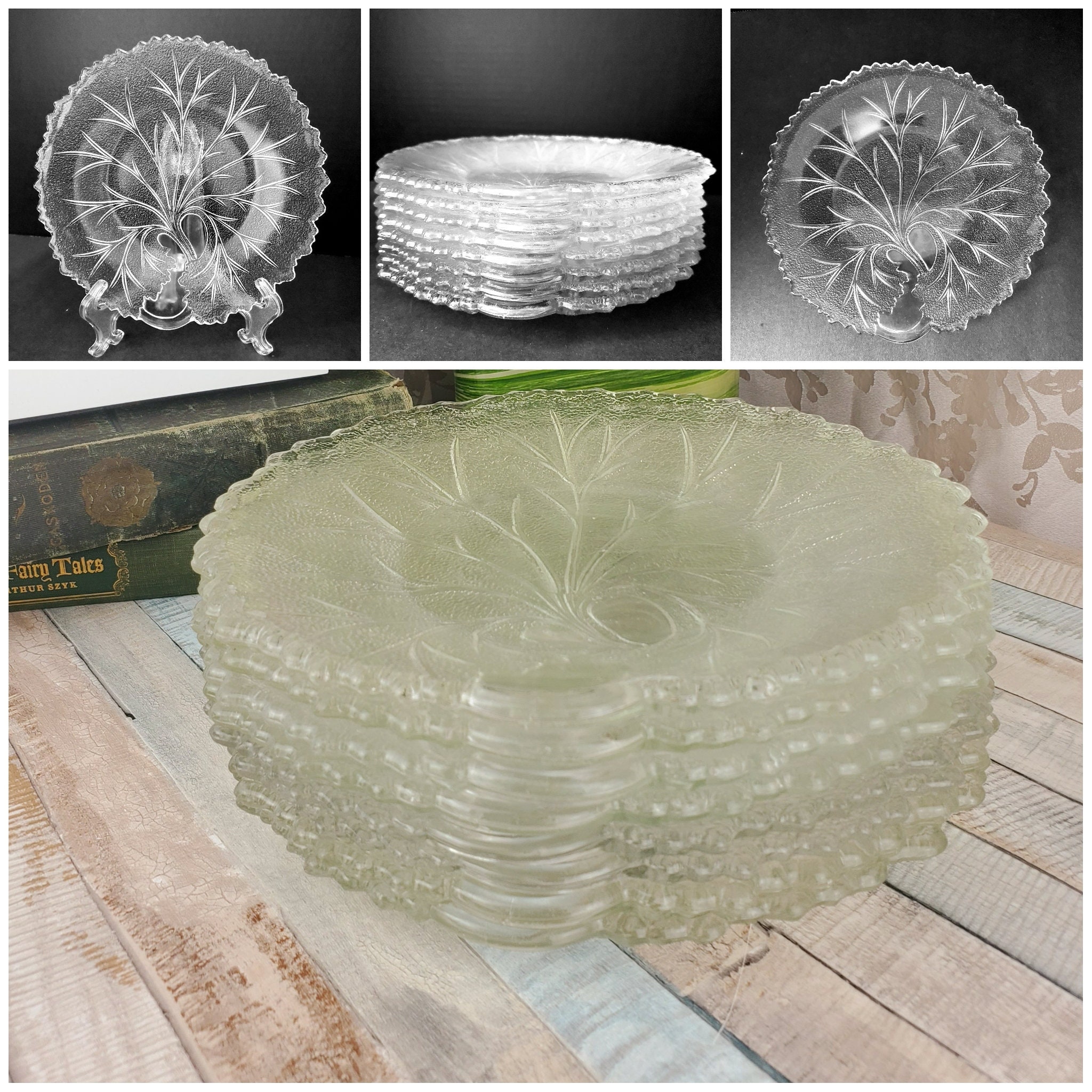 SET of 8! Eight Pebble Leaf Pattern Plates, Indiana Glass Twiggy