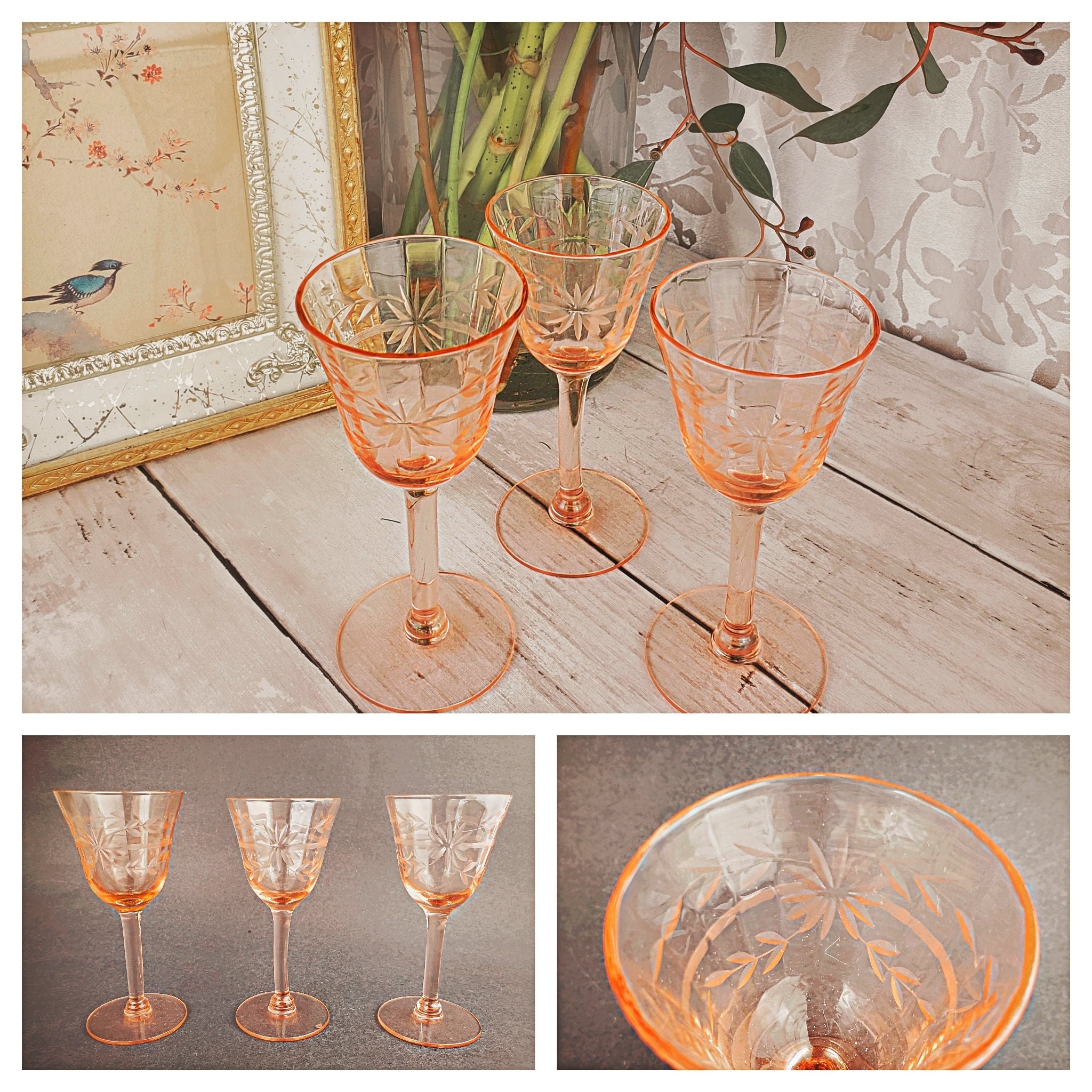 Set of 3! Three Etched Pink Depression Glass Sherry Glasses