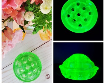 Uranium Glass Flower Block, Green depression glass flower frog