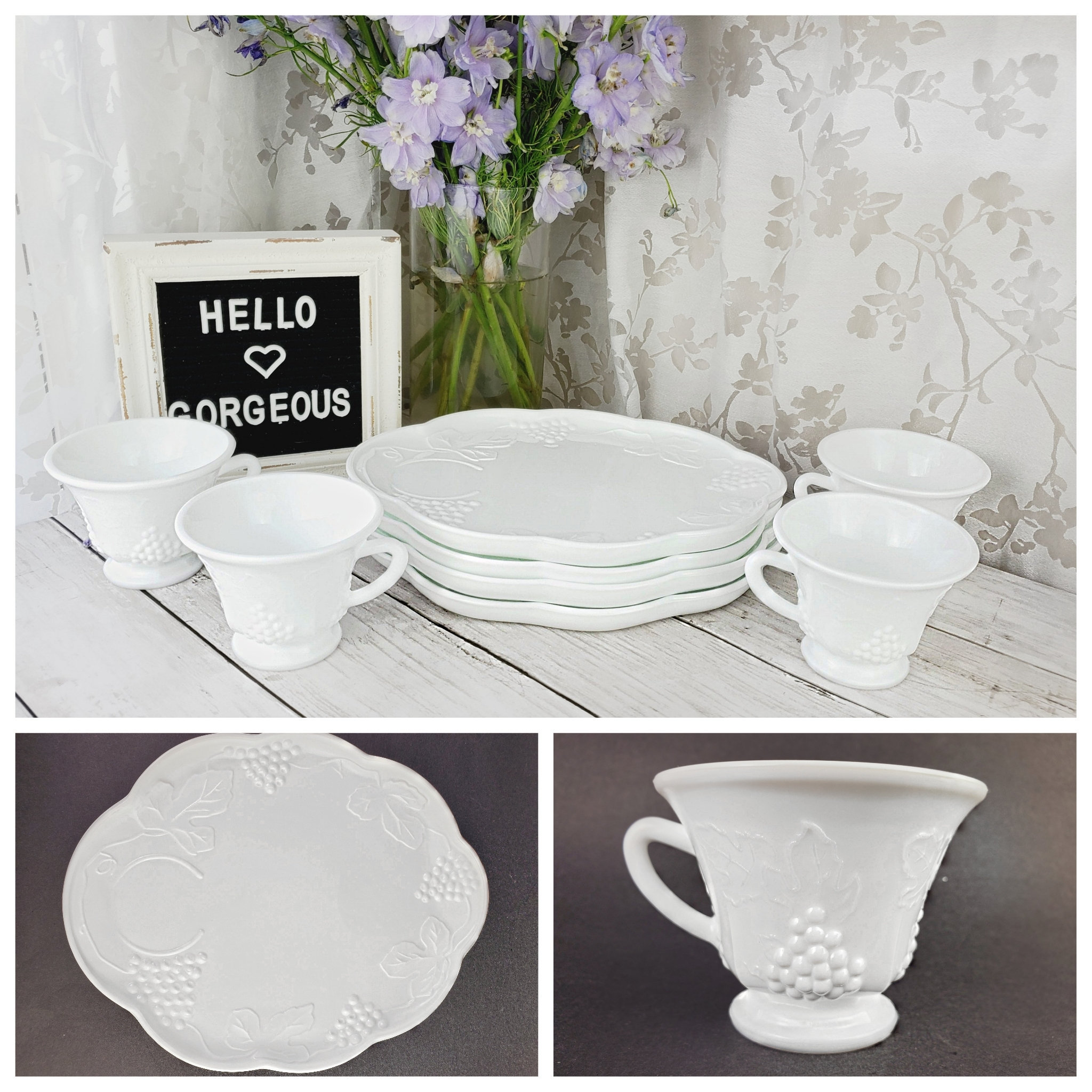 HAGSのCOARSE MILK GLASS 3個セット 8 PIECE SET! 4 Milk Glass Snack Set Plates With 4 Matching Tea