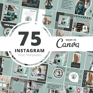 以下が含まれることがあります： Canvaでデザインされた75個のInstagram投稿テンプレートを紹介するプロモーション画像。テンプレートは、ティールと白の配色で、ライフスタイルや製品写真の例が使用されています。「Instagram投稿テンプレート」と「Made in Canva」というテキストが含まれています。