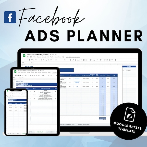 FACEBOOK ADS PLANNER - Social Media Marketing Planer - Social Media Ads und Werbekampagnen - Sofortiger Zugriff - Bearbeiten und Anpassen