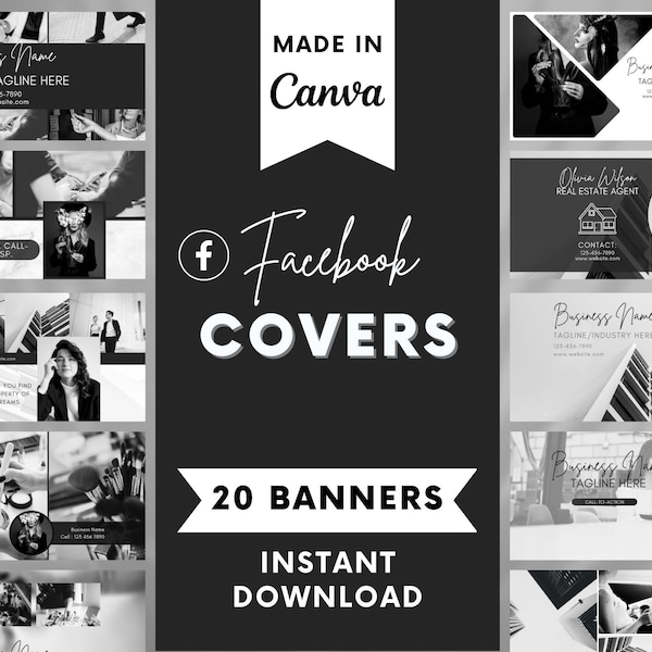 20 Facebook Cover Photo Designs - Social Media Templates - Made in Canva - Branding - Black and White - Business