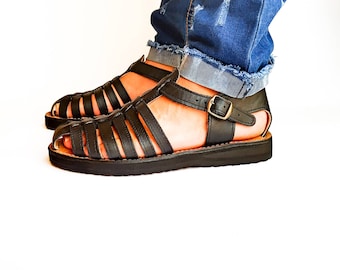 Fisherman Sandals Leather for Women, Handmade Moroccan Shoes Huarache, Ankle Strap Flats, Gladiator Black Sandal Summer with buckle All Size