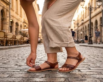 Handmade Leather Sandals for Women, Brown Natural Leather Flats Gladiator Buckle Closed Toe Sandals,Women Summer Sandals, Flat Heel Shoes