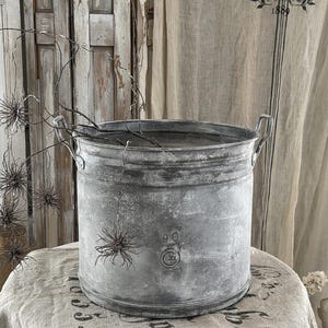 Op de afbeelding: Een verweerde, gegalvaniseerde metalen emmer met twee handvatten. De emmer heeft een verweerde, verouderde uitstraling. De emmer is rond en staat op een stof met patroon. Decoratieve luchtplanten en takken zijn erin geplaatst.