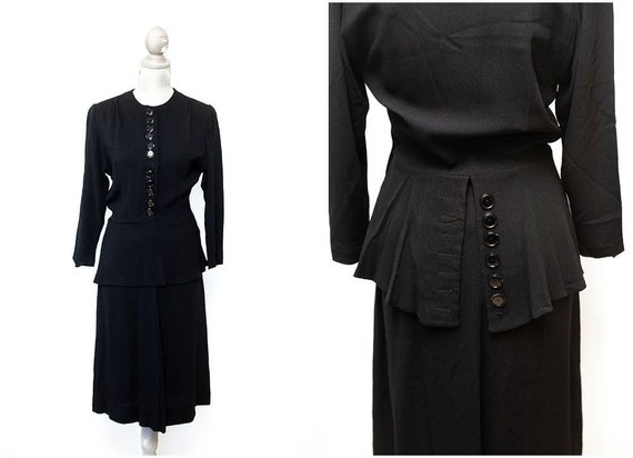 Vintage 1930s 1940s Black Crepe Peplum Dress