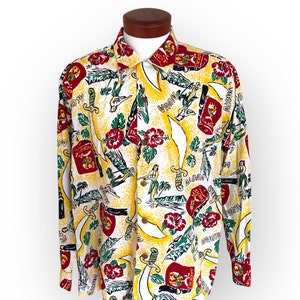 Vintage 1950's Alfred Shaheen AAONMS Shriners Aloha Shirt Made in Hawaii Large Size Long Sleeves