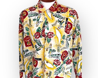 Vintage 1950 Alfred Shaheen AAONMS Shriners Aloha Shirt Made in Hawaii Große Größe Lange Ärmel