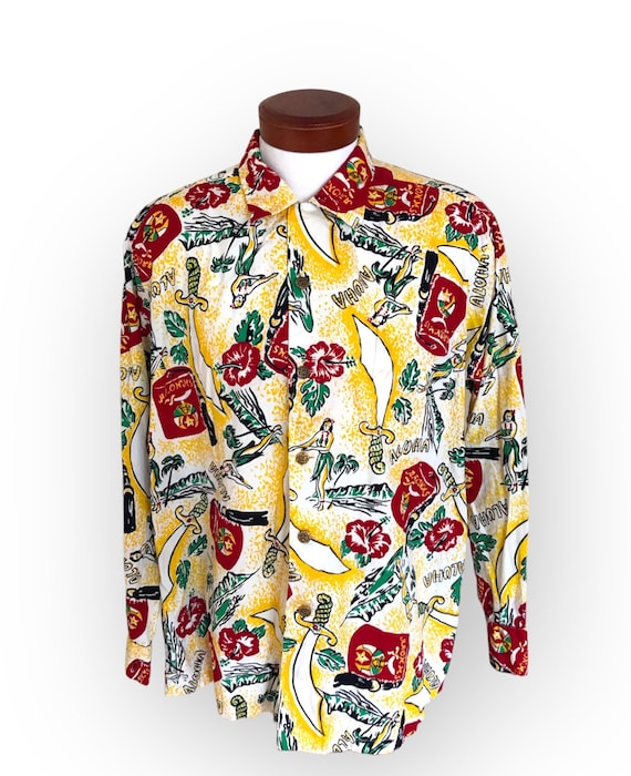 ビンテージアロハシャツ　50s〜60s alfred shaheen　メニュー柄 Vintage 1950's Alfred Shaheen AAONMS Shriners Aloha Shirt Made in