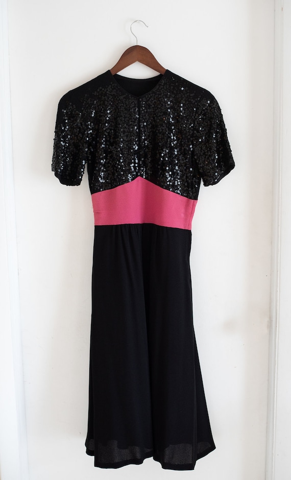 Vintage 30s 40s Sequin Crepe Black Dress