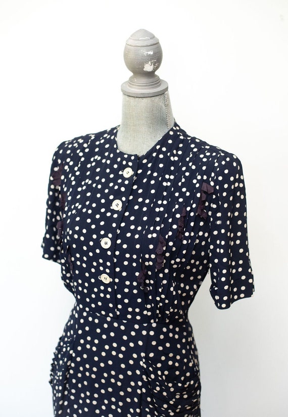 Vintage 1930's 1940's Blue Polka Dot Dress With R