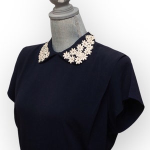 Vintage  1940's 40's Navy Blue Dress Floral Detail