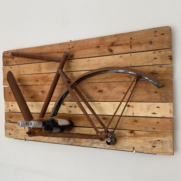 Wine rack, bicycle, bike, wine bottles, wall rack, industrial, loft