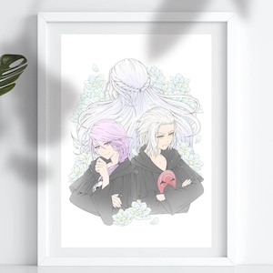 May include: A digital illustration of three anime characters. The characters are standing close together and are surrounded by white flowers. The character in the back has long white hair, the character in the middle has long white hair and is wearing a black hooded cloak, and the character in the front has short purple hair and is wearing a black hooded cloak.