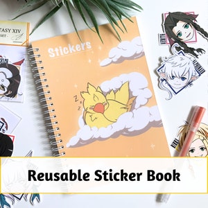 May include: A reusable sticker book with a yellow and orange cover featuring a cartoon bird sleeping on a cloud. The cover also has the word "Stickers" in black text. The book is surrounded by various stickers with anime characters.