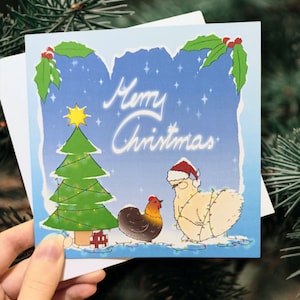 Hühner Frohe Weihnachten Karte. Niedliches Silkie Backyard Hühner Briefpapier, perfektes Hühnerliebhaber Weihnachtsgeschenk. Innenseite blanko, Umschlag inklusive.