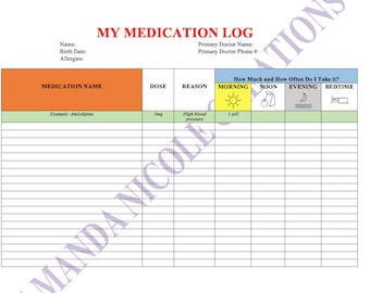 May include: A printable medication log with sections for medication name, dose, reason, and how much and how often to take it. The log includes columns for morning, noon, evening, and bedtime.