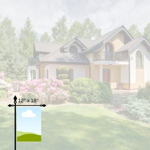 May include: A 12" x 18" garden flag with a blue sky, white cloud, and green hills. The flag is attached to a black pole.