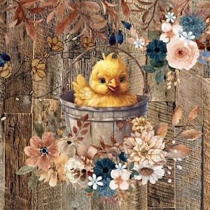 May include: A yellow baby chick sits in a metal bucket with a floral arrangement around it. The bucket is on a wooden background with a rustic feel.
