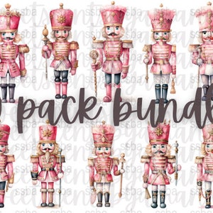 Puede incluir: Un conjunto de diez ilustraciones de cascanueces en acuarela rosa y dorado. Los cascanueces llevan uniformes rojos y dorados con detalles blancos. Las ilustraciones son perfectas para proyectos de manualidades, scrapbooking y diseño digital.