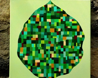 Tableau abstrait acrylique pièce unique 40x40x2cm vert peint à la main