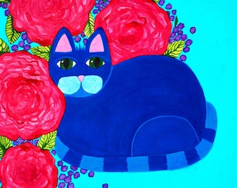 Chat bleu avec roses art art peinture peinture peinture murale