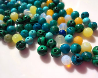20 perles de pierres précieuses 4 mm couleurs mélange de pierres turquoise-jaune-vert