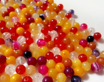 20 perles de pierres précieuses 4 mm couleurs mélange de pierres orange, rouge, jaune, violet, rose