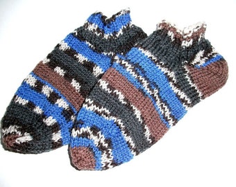 handgestrickte Kindersocken / Sneakersocken, blau-braun-grau Gr. 32