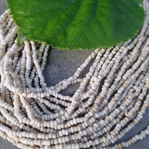 Könnte beinhalten: Beige Perlenkette mit einem geschichteten Design. Die Halskette besteht aus kleinen, runden Perlen und wird teilweise von einem großen, grünen Blatt bedeckt. Die Perlen haben eine leicht unregelmäßige Form und ein mattes Finish.