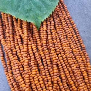 Peut inclure: Gros plan sur des brins de perles orange-brun. Les perles sont petites, rondes et enfilées ensemble. Une feuille verte recouvre partiellement les perles. Les perles ont une finition mate et varient légèrement en couleur.