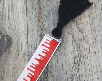 Red Metallic Dripping Blood on White Ribbon Bookmark with Black Tassel 7/8" Width - SINGLE SIDED