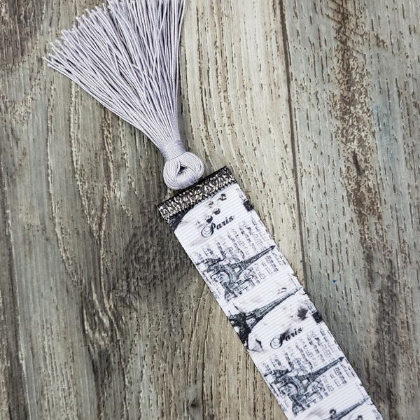 Reversible Paris Eiffel Tower Ribbon Bookmark with Silver Tassel 1" Width - DOUBLE SIDED
