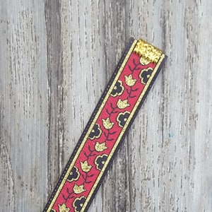 Jacquard Red Black Floral Gold Metallic Reversible Ribbon Bookmark with Gold Metal End 11/16&quot; Width - DOUBLE SIDED