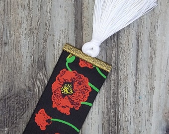 Jacquard Red Poppy Floral Reversible Ribbon Bookmark with White Tassel 1.5" Width