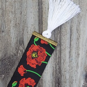 Jacquard Red Poppy Floral Reversible Ribbon Bookmark with White Tassel 1.5&quot; Width