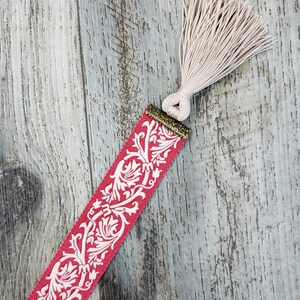 Jacquard Red & Tan Elegant Scroll Reversible Ribbon Bookmark with Tan Tassel 7/8&quot; Width