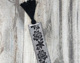 Metallic Silver Jacquard Ribbon Bookmark, Black Flowers, Black Tassel