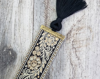 Vintage Jacquard Gold, Tan & Black Floral Reversible Ribbon Bookmark with Black Tassel 1.5" Width