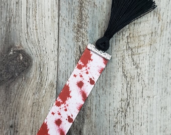 Blood Splatter Ribbon Bookmark with Black Tassel 7/8" Width - DOUBLE SIDED