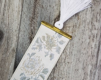 Jacquard Floral Deep Ivory Gold White Reversible Ribbon Bookmark with White Tassel 2" Width