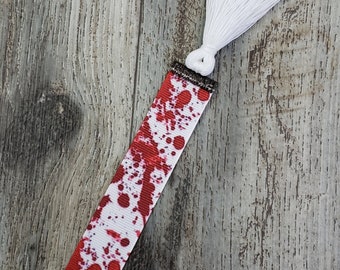 Reversible Blood Splatter - 2 Tone - Ribbon Bookmark with White Tassel 7/8" Width - DOUBLE SIDED