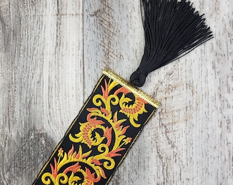 Vintage Oriental Jacquard Yellow, Orange, Black Reversible Ribbon Bookmark with Black Tassel 2" Width
