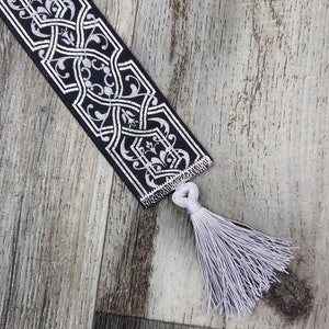 Jacquard Royal Script Black, Grey & Metallic Silver Reversible Ribbon Bookmark with Silver Tassel 1.5&quot; Width
