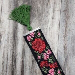 Jacquard Red Rose Greenery Black Reversible Ribbon Bookmark with Green Tassel 2&quot; Width