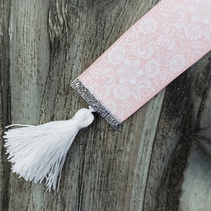 Satin Pink & White Textured Floral Reversible Ribbon Bookmark with White Tassel 1.5" Width - DOUBLE SIDED
