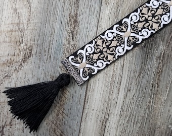 Victorian Jacquard Ribbon Bookmark, Black, White, and Tan, with Tassel